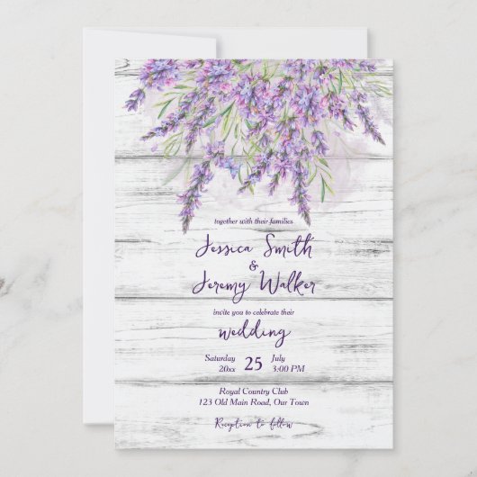 Rustige lavendel op witte houtbruiloft kaart (Voorkant)