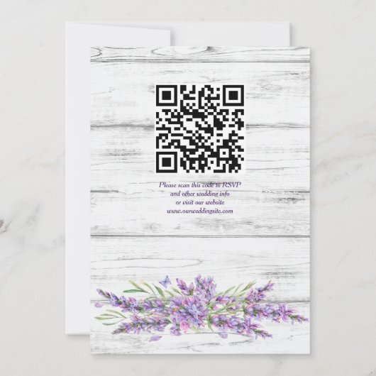 Rustige lavendel op witte houtbruiloft kaart (Achterkant)