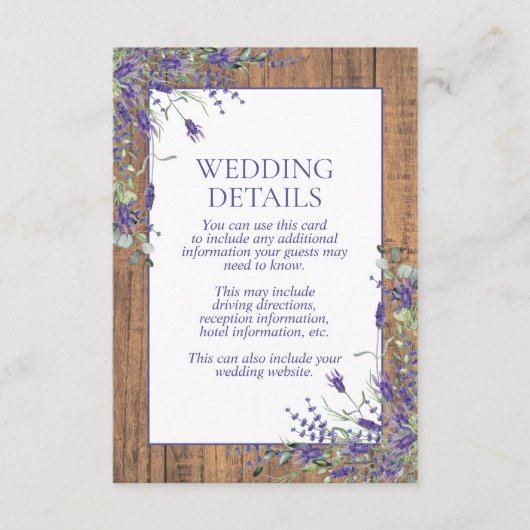 Rustige lavender Eucalyptus Botanische houten Gege Informatiekaartje (Voorkant)