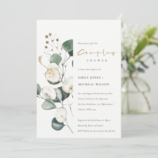 Rustige Leaf Green Eucalyptus Couples Shower Invit Bedankkaart (Staand voorkant)