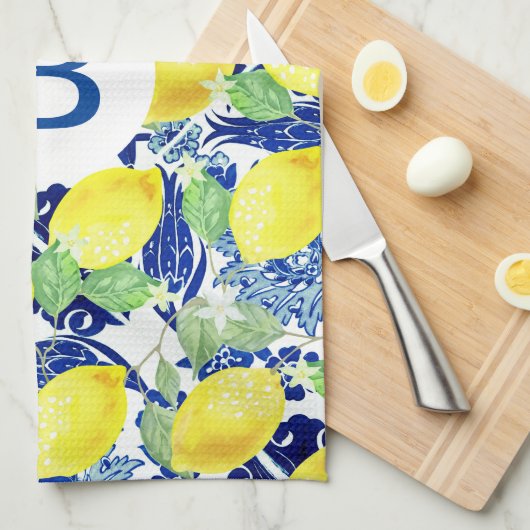 Rustige Lemons en Blauwe Floral | Monogram Theedoek (Quarter Fold)