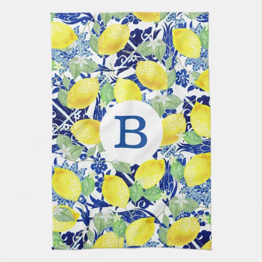 Rustige Lemons en Blauwe Floral | Monogram Theedoek (Verticaal)
