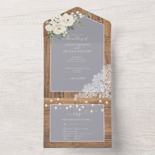 Rustige lichte, grijze, witte, houten bruiloft all in one uitnodiging (Binnen)
