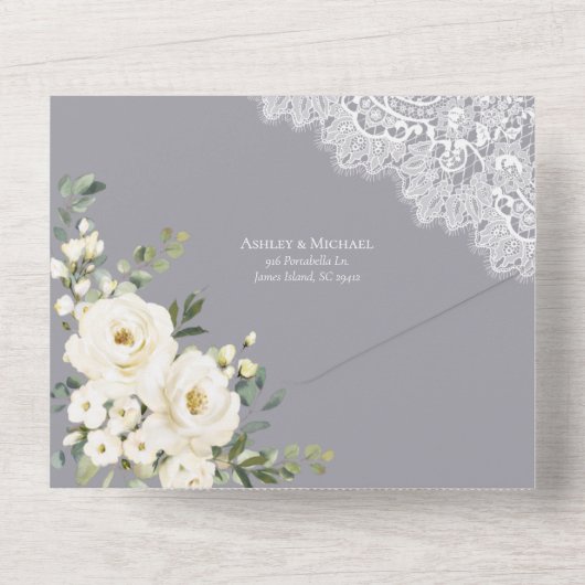 Rustige lichte, grijze, witte, houten bruiloft all in one uitnodiging (Achterkant)