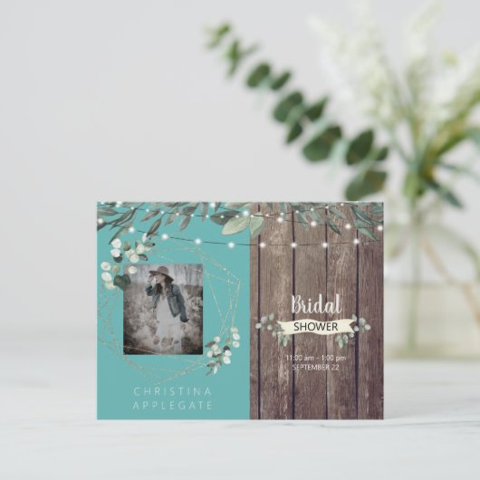 Rustige lichten en houtofoto Turquoise-Vrijgezelle Uitnodiging Briefkaart (Staand voorkant)