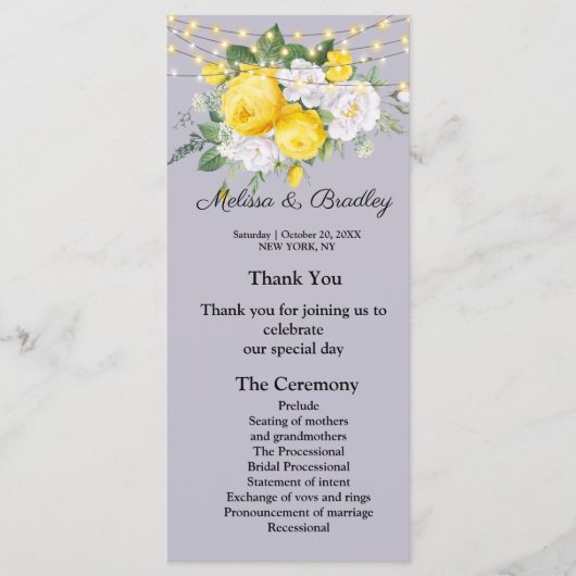 Rustige lichten Geel Floral Menu.Wedding Program Programmakaart (Voorkant)