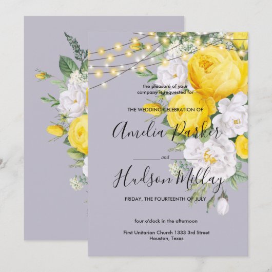 Rustige lichten Gele Floral bruiloft Kaart (Voorkant / Achterkant)