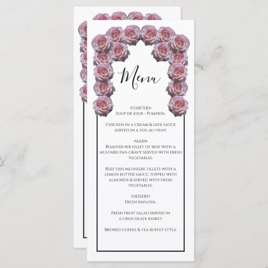 Rustige lichtroze Rozen bruiloft Menu (Voorkant / Achterkant)
