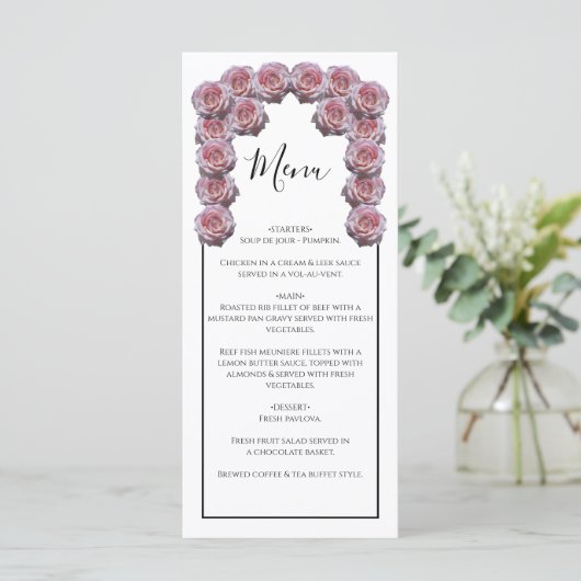 Rustige lichtroze Rozen bruiloft Menu (Staand voorkant)