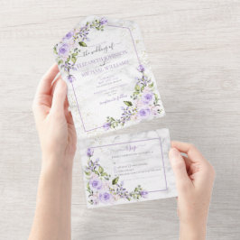 Rustige Lila lavender Gold Marble Floral Wedding A All In One Uitnodiging