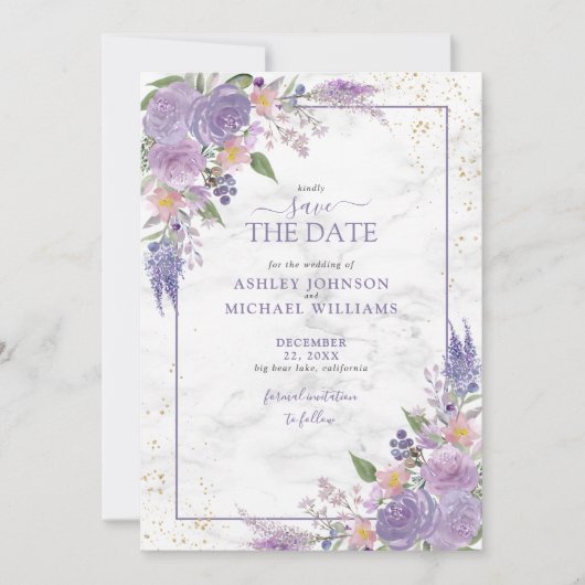 Rustige Lila Lavender Gold Photo Save the Date (Voorkant)
