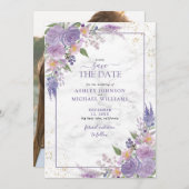 Rustige Lila Lavender Gold Photo Save the Date (Voorkant / Achterkant)