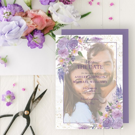 Rustige Lila Lavender Gold Photo Save the Date