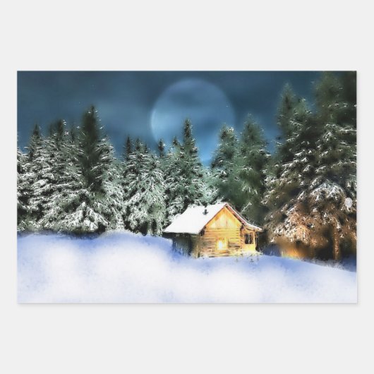 Rustige Log Cabin Full Moon Inpakpapier Vel (Voorkant 2)