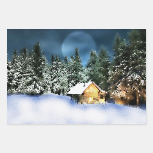 Rustige Log Cabin Full Moon Inpakpapier Vel (Voorkant)