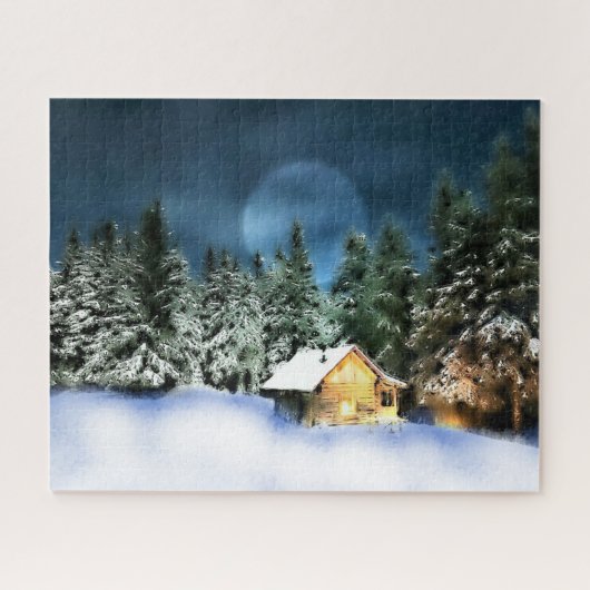 Rustige Log Cabin Full Moon Legpuzzel (Horizontaal)