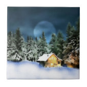 Rustige Log Cabin Full Moon Tegeltje (Voorkant)