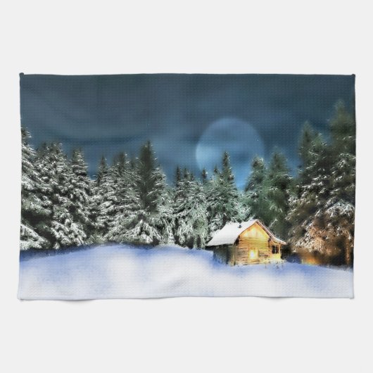 Rustige Log Cabin Full Moon Theedoek (Horizontaal)