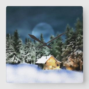 Rustige Log Cabin Full Moon Vierkante Klok