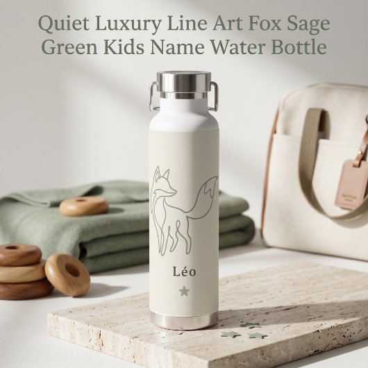 Rustige luxe lijnkunst vos sagegroene kindernaam waterfles