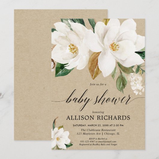 Rustige magnolia floral baby shower, geslachtsneut kaart (Voorkant / Achterkant)