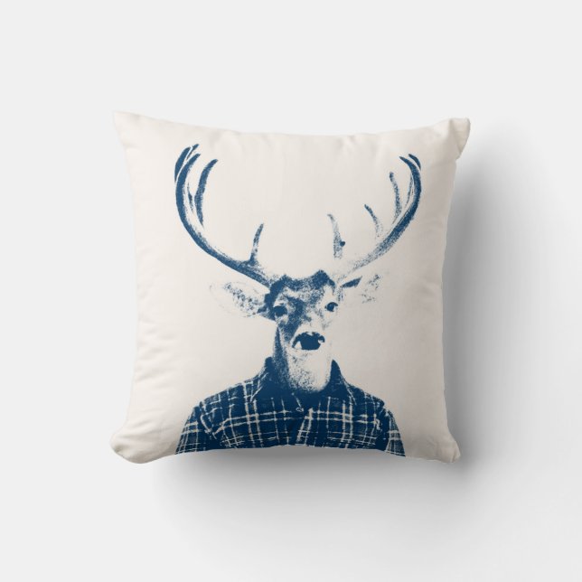 Rustige Man Buck met Antlers in Blue en Cream Kussen (Voorkant)