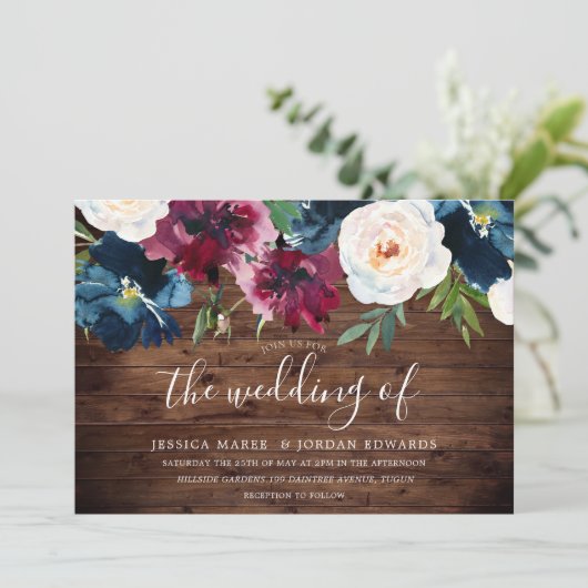 Rustige marine Bourgogne Florale bruiloft Kaart (Staand voorkant)