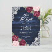 Rustige marineblauw bruinbruin bruinhout save the date (Staand voorkant)