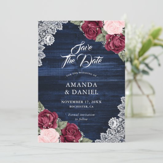 Rustige marineblauw bruinbruin bruinhout save the date (Staand voorkant)