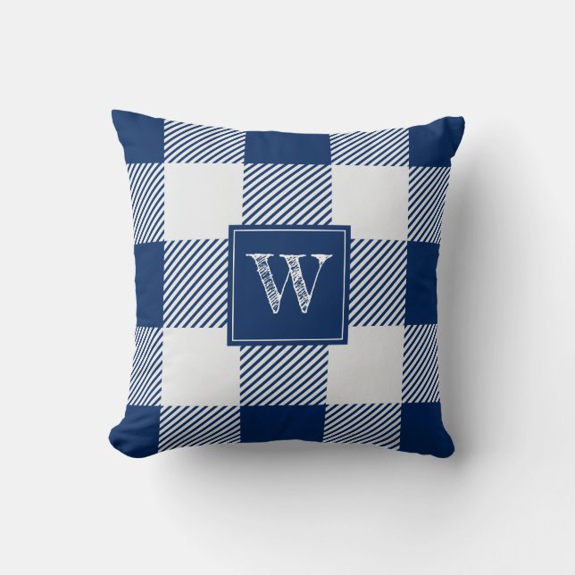 Rustige marineblauw buffel monogram speldencontrol kussen (Voorkant)