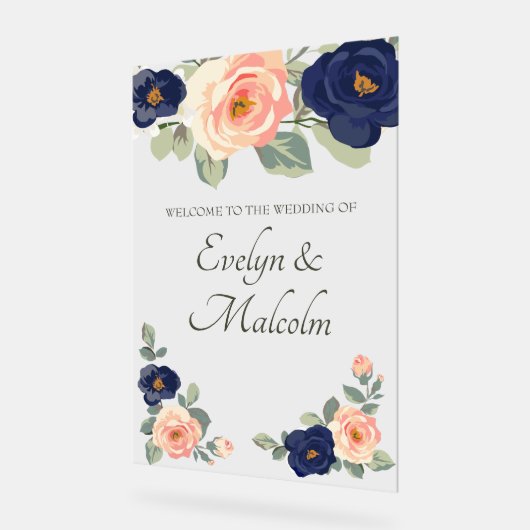 Rustige marineblauw en peach Floral Wedding Acryl Bord (Hoek)