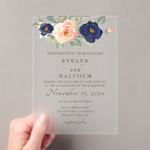 Rustige marineblauw en peach Floral Wedding Acryl Uitnodigingen (Insitu (Draagbaar))