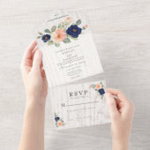 Rustige marineblauw en peach Floral Wedding All In One Uitnodiging (Afscheurbaar)