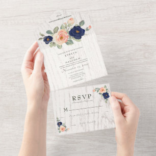 Rustige marineblauw en peach Floral Wedding All In One Uitnodiging