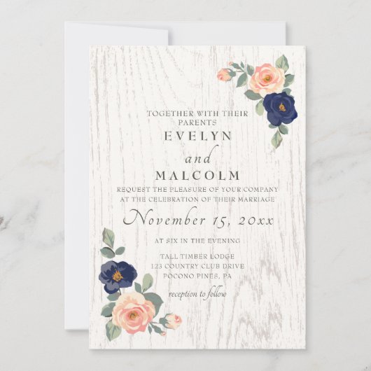 Rustige marineblauw en peach Floral Wedding Kaart (Voorkant)