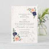 Rustige marineblauw en peach Floral Wedding Kaart (Staand voorkant)