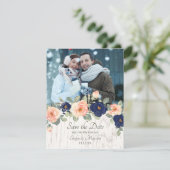 Rustige marineblauw en peach Floral Wedding Kaart (Staand voorkant)