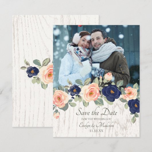 Rustige marineblauw en peach Floral Wedding Kaart (Voorkant / Achterkant)