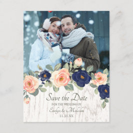 Rustige marineblauw en peach Floral Wedding Kaart