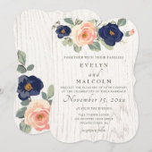 Rustige marineblauw en peach Floral Wedding Kaart (Voorkant / Achterkant)