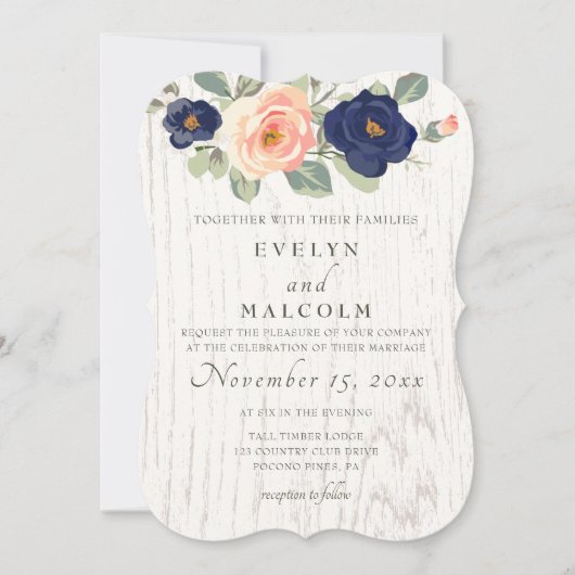 Rustige marineblauw en peach Floral Wedding Kaart (Voorkant)