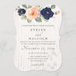 Rustige marineblauw en peach Floral Wedding Kaart