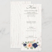Rustige marineblauw en peach Floral Wedding Menu (Voorkant / Achterkant)