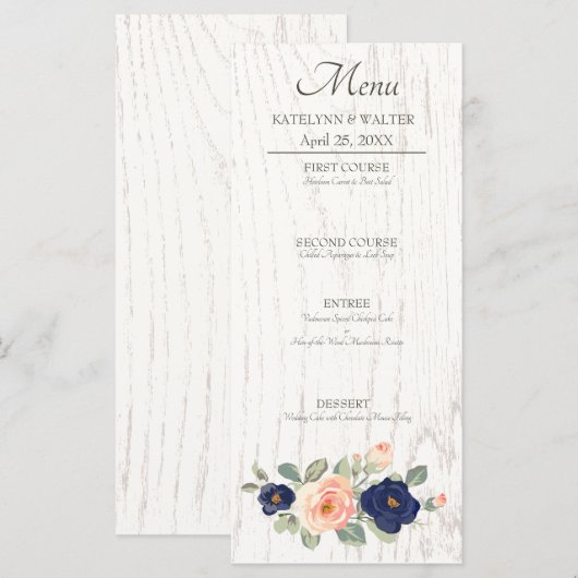 Rustige marineblauw en peach Floral Wedding Menu (Voorkant / Achterkant)