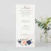 Rustige marineblauw en peach Floral Wedding Menu (Staand voorkant)