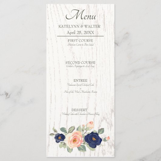 Rustige marineblauw en peach Floral Wedding Menu (Voorkant)