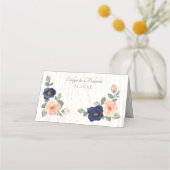 Rustige marineblauw en peach Floral Wedding Plaatskaartje (Achterkant)