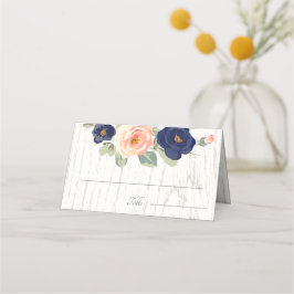 Rustige marineblauw en peach Floral Wedding Plaatskaartje