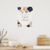 Rustige marineblauw en peach Floral Wedding Poster (Keuken)