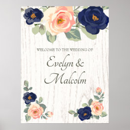 Rustige marineblauw en peach Floral Wedding Poster